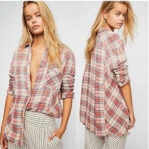 Free People Juniper Ridge Oversized Plaid Snap Side Top Tea Combo Blue Red Large
